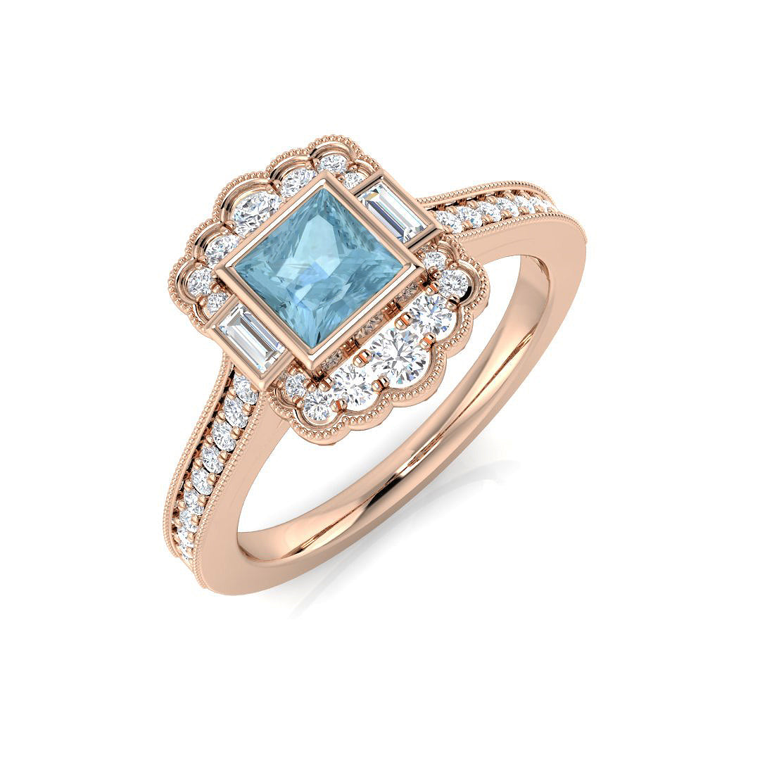 Princess Cut Aquamarine Vintage Ring with Side Diamonds - UK Made in 10K/14K gold and platinum with certified lab-grown or natural diamonds