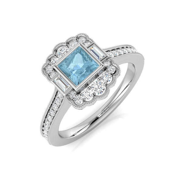 Princess Cut Aquamarine Vintage Ring with Side Diamonds - UK Made | 10K & 14K Gold, Platinum