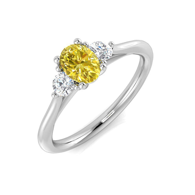 Oval Cut Natural Yellow Diamond Three Stone Engagement Ring with Side Diamonds | 10K & 14K Gold, Platinum