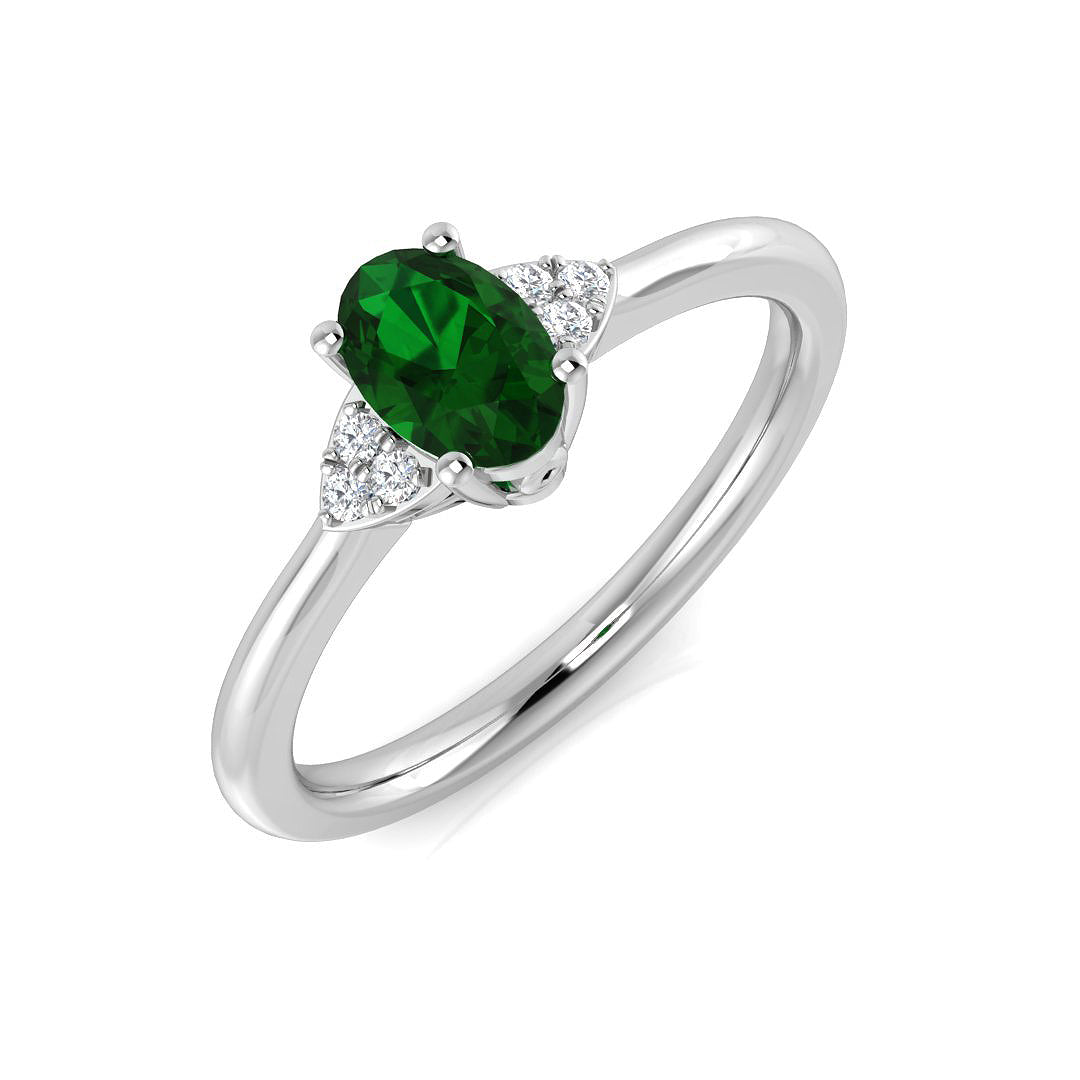 Oval Emerald Ring with Natural Round Side Stones in 10K/14K gold and platinum with certified lab-grown or natural diamonds