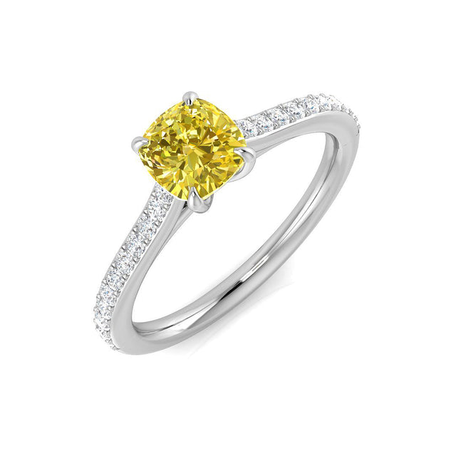 Cushion Cut Natural Yellow Diamond Engagement Ring with Round Pave Diamond Band | 10K & 14K Gold, Platinum