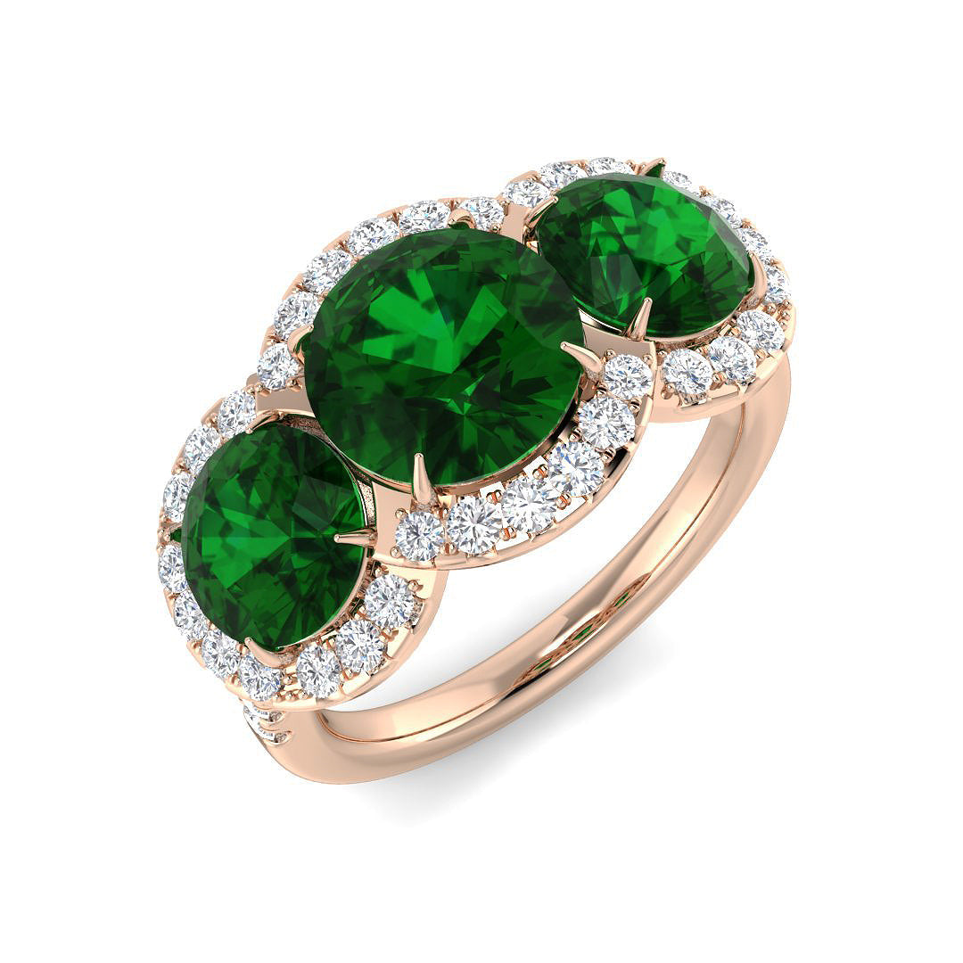 Emerald Three Stone Ring with Natural Diamond Halo in 10K/14K gold and platinum with certified lab-grown or natural diamonds