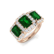 Three Stone Emerald Halo Ring with Natural Diamonds in 10K/14K gold and platinum with certified lab-grown or natural diamonds