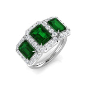 Three Stone Emerald Halo Ring with Natural Diamonds in 10K/14K gold and platinum with certified lab-grown or natural diamonds