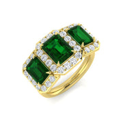 Three Stone Emerald Halo Ring with Natural Diamonds in 10K/14K gold and platinum with certified lab-grown or natural diamonds