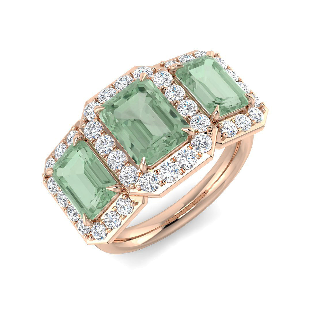 Green Amethyst Halo Ring Three Stone with Diamonds in 10K/14K gold and platinum with certified lab-grown or natural diamonds