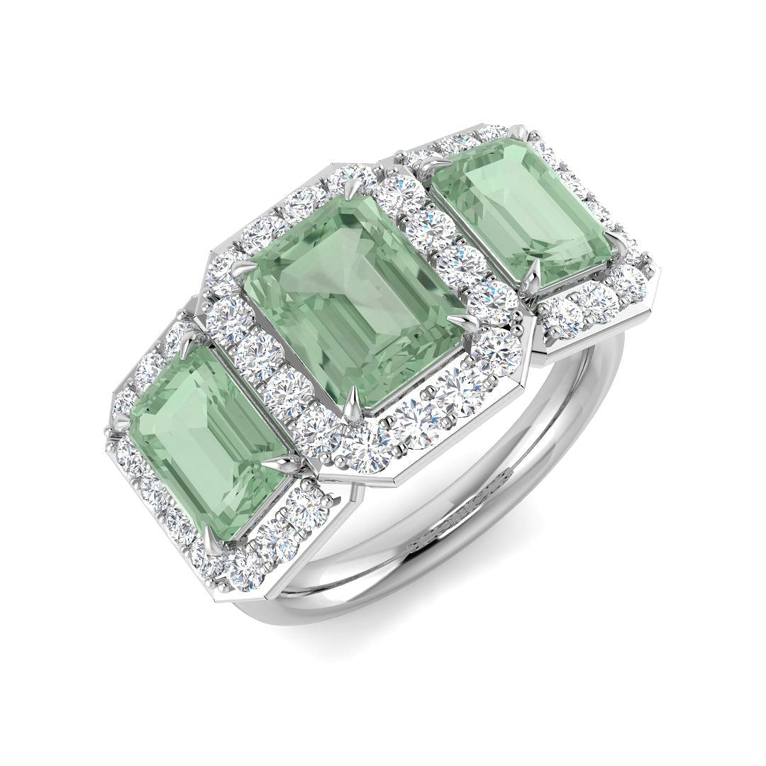 Green Amethyst Halo Ring Three Stone with Diamonds in 10K/14K gold and platinum with certified lab-grown or natural diamonds