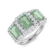 Green Amethyst Halo Ring Three Stone with Diamonds in 10K/14K gold and platinum with certified lab-grown or natural diamonds