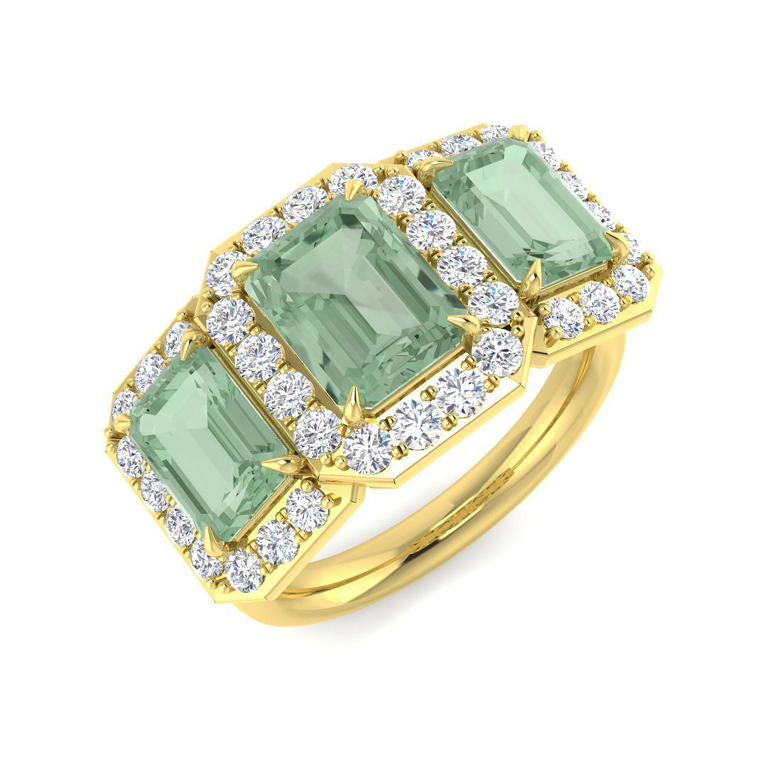 Green Amethyst Halo Ring Three Stone with Diamonds in 10K/14K gold and platinum with certified lab-grown or natural diamonds