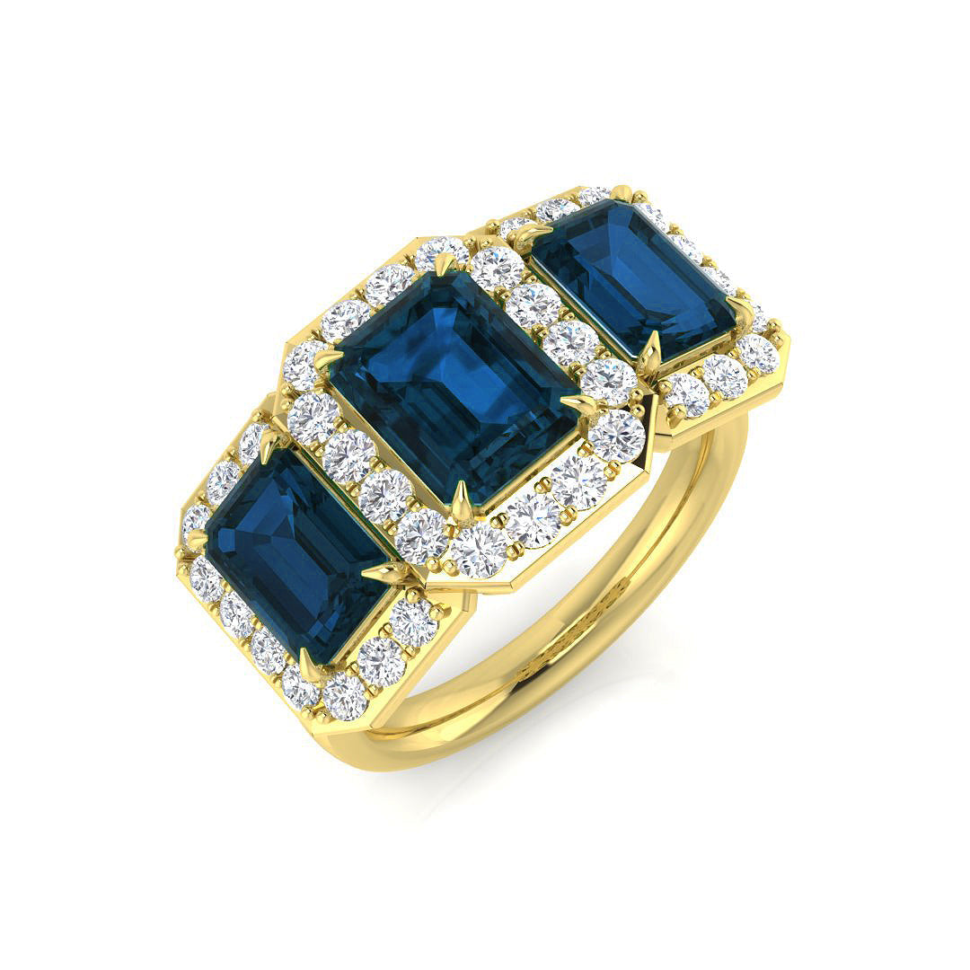 London Blue Topaz Halo Ring Three Stone with Diamonds in 10K/14K gold and platinum with certified lab-grown or natural diamonds