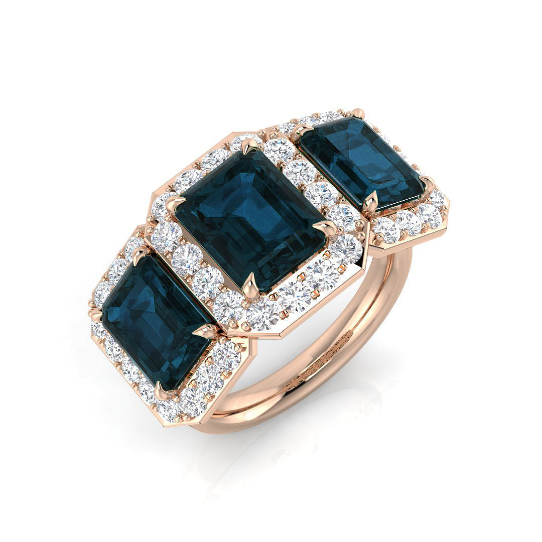London Blue Topaz Halo Ring Three Stone with Diamonds in 10K/14K gold and platinum with certified lab-grown or natural diamonds