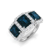 London Blue Topaz Three Stone Halo Ring with Natural Round Diamonds in 10K/14K gold and platinum with certified lab-grown or natural diamonds