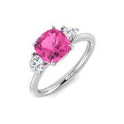 Cushion Cut Pink Sapphire Ring with Diamond Side Stones in 10K/14K gold and platinum with certified lab-grown or natural diamonds