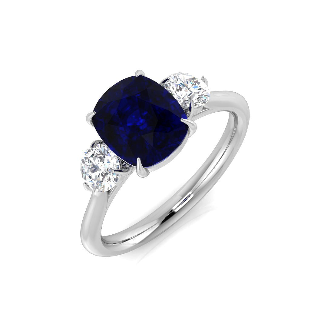 Cushion Cut Blue Sapphire Three Stone Ring in 10K/14K gold and platinum with certified lab-grown or natural diamonds