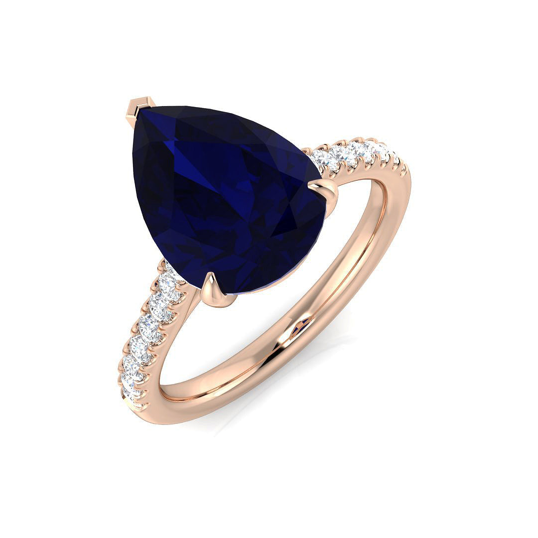 Pear Cut Blue Sapphire Ring with Natural Diamond Pave Band in 10K/14K gold and platinum with certified lab-grown or natural diamonds