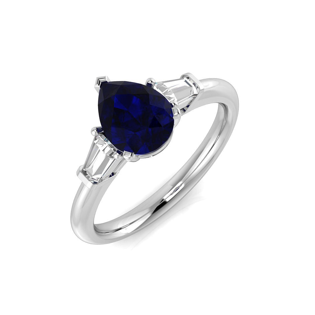Pear Blue Sapphire & Emerald Cut Diamond Three Stone Engagement Ring in 10K/14K gold and platinum with certified lab-grown or natural diamonds