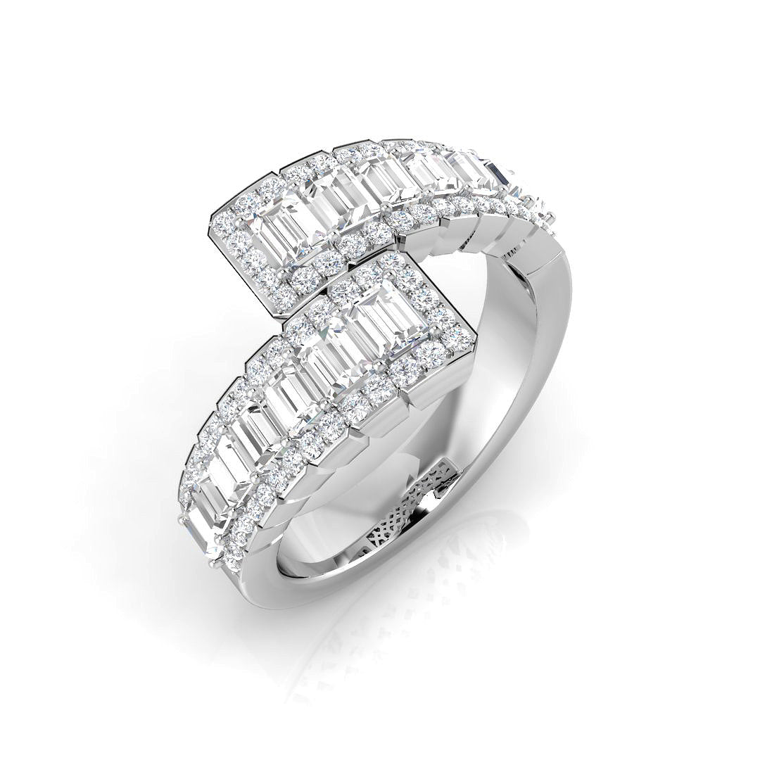 Baguette & Round Diamond Cross-Over Ring in 10K/14K gold and platinum with certified lab-grown or natural diamonds