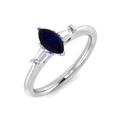 Marquise Blue Sapphire Ring with Baguette Diamonds Trilogy Design in 10K/14K gold and platinum with certified lab-grown or natural diamonds