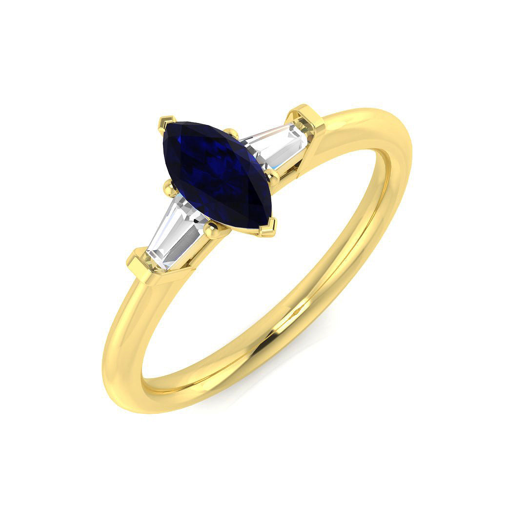 Marquise Blue Sapphire Ring with Baguette Diamonds Trilogy Design in 10K/14K gold and platinum with certified lab-grown or natural diamonds