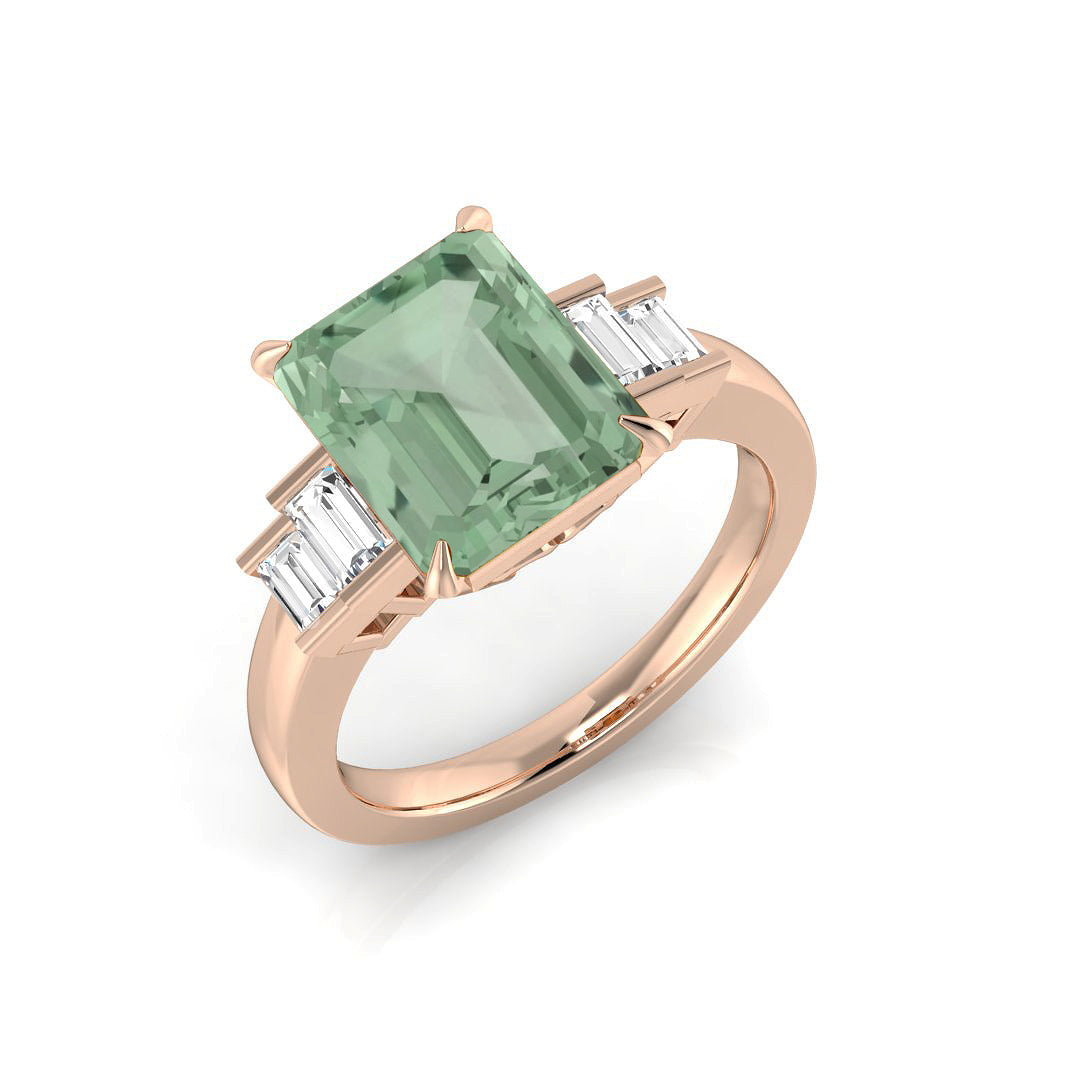 Emerald Cut Green Amethyst Five Stone Ring with Baguette Diamonds in 10K/14K gold and platinum with certified lab-grown or natural diamonds