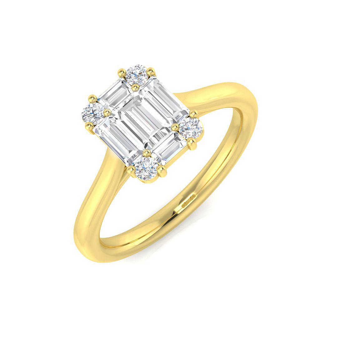 Baguette & Round Cut Diamond Halo Sytle Engagement Ring in 10K/14K gold and platinum with certified lab-grown or natural diamonds