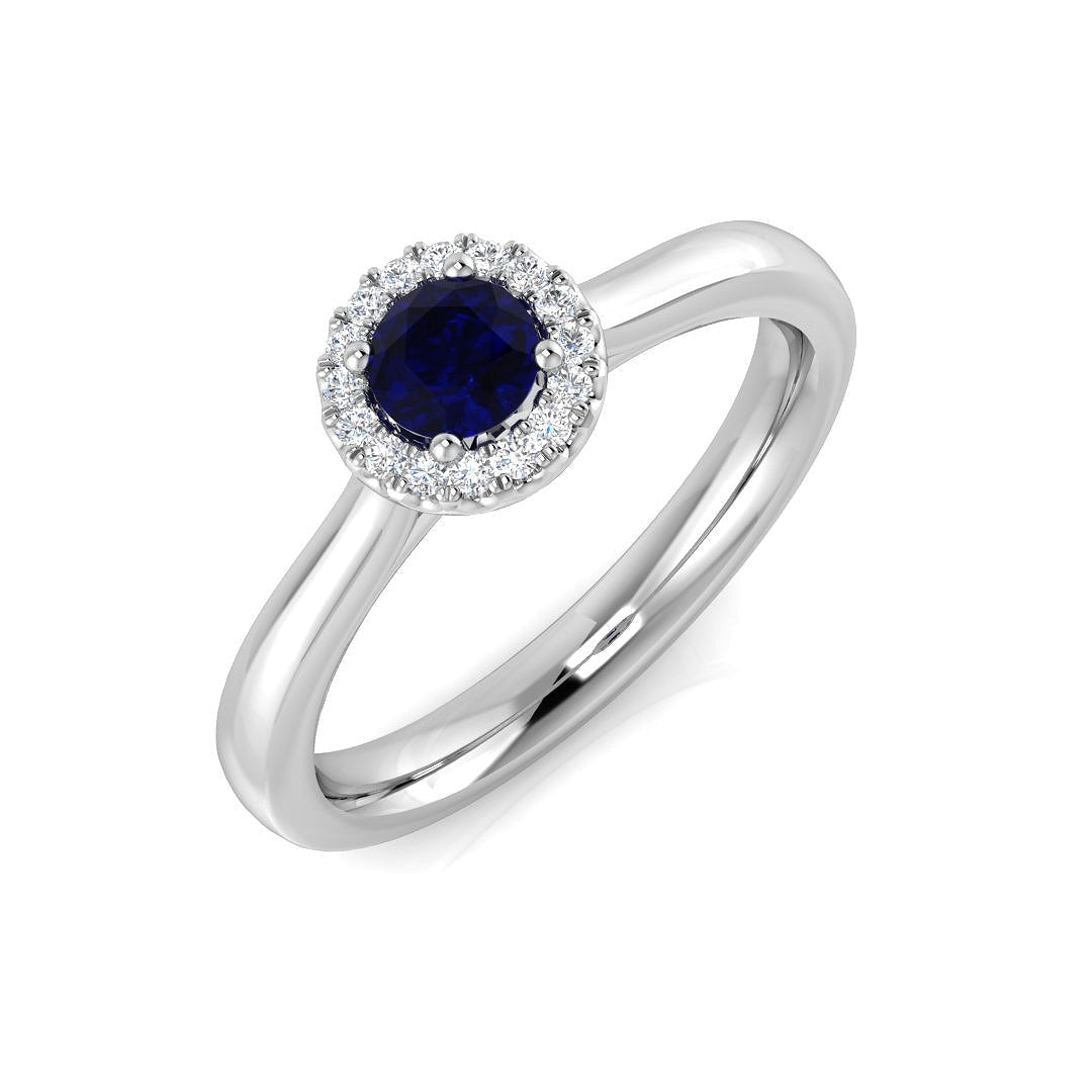 Round Blue Sapphire Halo Ring in 10K/14K gold and platinum with certified lab-grown or natural diamonds