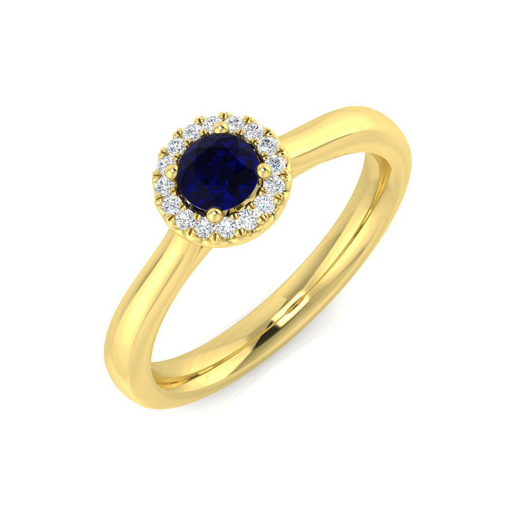 Round Blue Sapphire Halo Ring in 10K/14K gold and platinum with certified lab-grown or natural diamonds