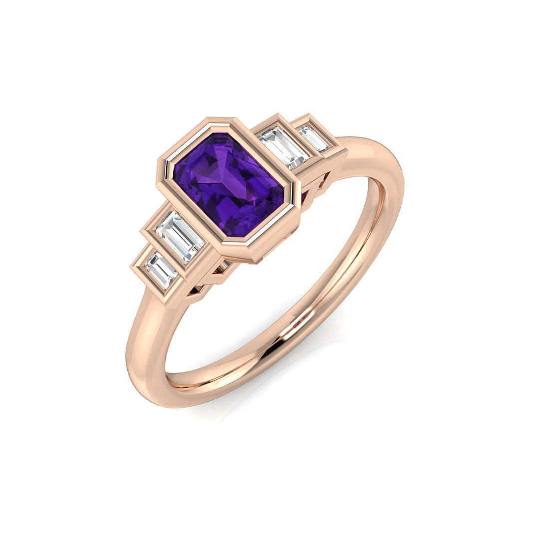 Emerald Cut Amethyst Ring with Baguette Diamonds Five Stone in 10K/14K gold and platinum with certified lab-grown or natural diamonds