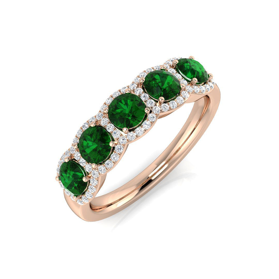Emerald Halo Five Stone Ring with Round Diamonds in 10K/14K gold and platinum with certified lab-grown or natural diamonds