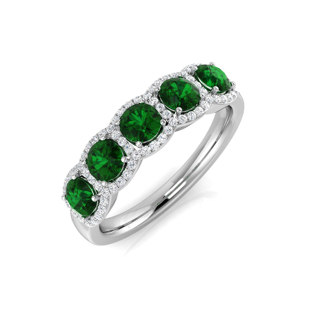 Emerald Halo Five Stone Ring with Round Diamonds in 10K/14K gold and platinum with certified lab-grown or natural diamonds