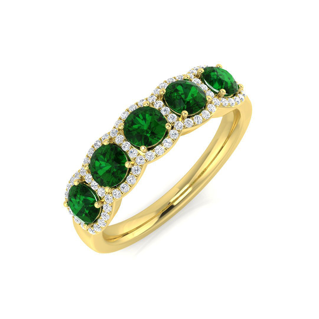 Emerald Halo Five Stone Ring with Round Diamonds in 10K/14K gold and platinum with certified lab-grown or natural diamonds