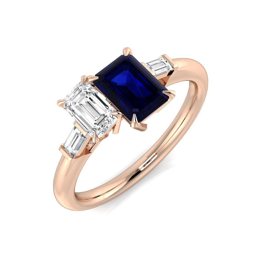 Emerald Sapphire Statement Ring with Baguette Diamonds in 10K/14K gold and platinum with certified lab-grown or natural diamonds