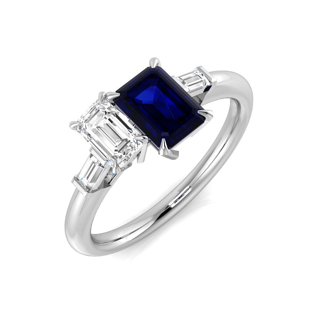 Emerald Sapphire Statement Ring with Baguette Diamonds in 10K/14K gold and platinum with certified lab-grown or natural diamonds