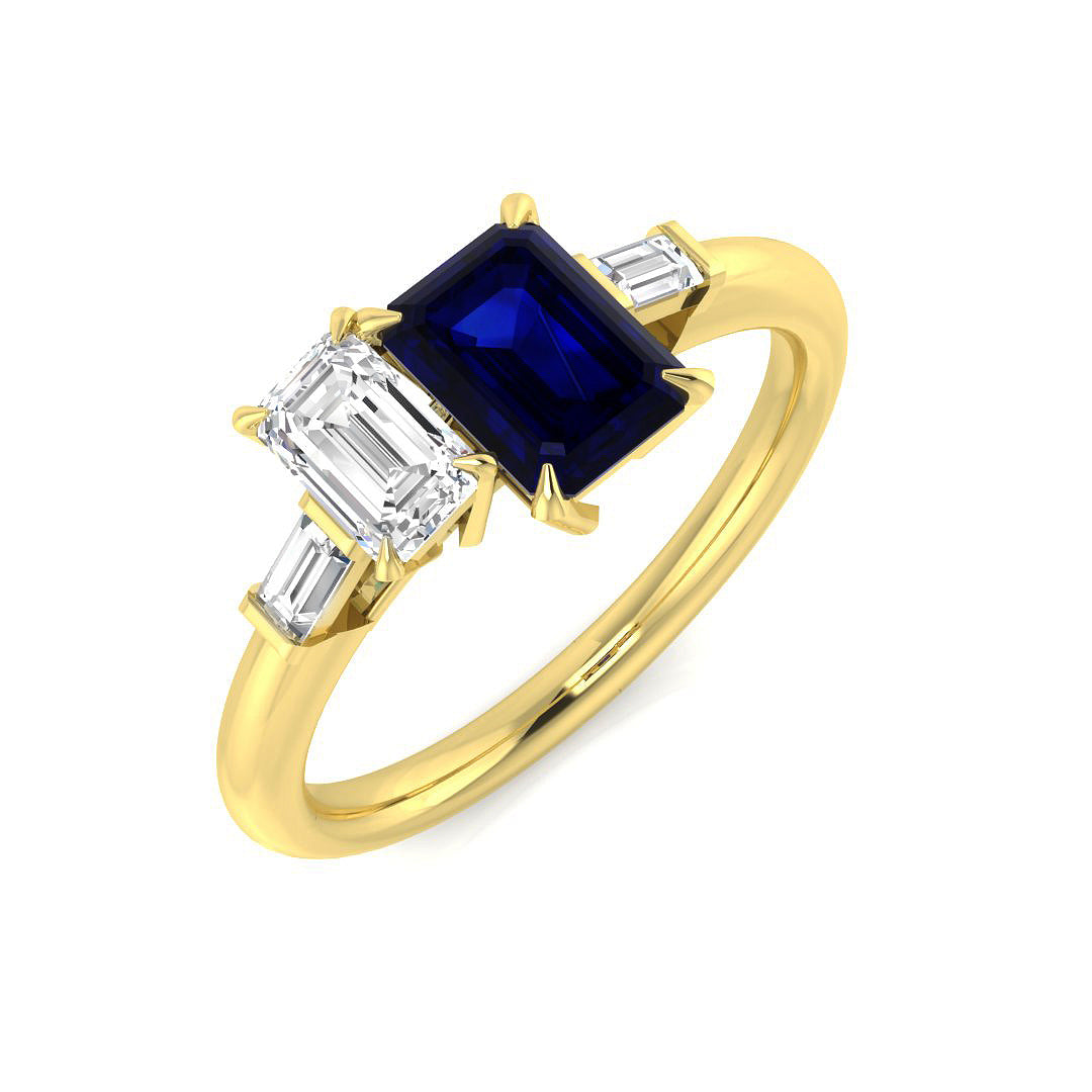 Emerald Sapphire Statement Ring with Baguette Diamonds in 10K/14K gold and platinum with certified lab-grown or natural diamonds