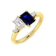 Emerald Sapphire Statement Ring with Baguette Diamonds in 10K/14K gold and platinum with certified lab-grown or natural diamonds