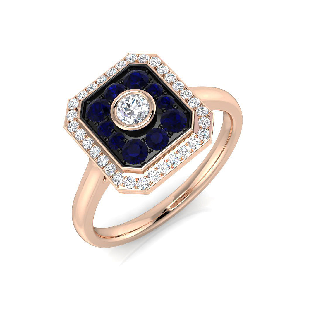 Sapphire & Natural Diamond Ring with Bezel Set Center and Pave Halo in 10K/14K gold and platinum with certified lab-grown or natural diamonds