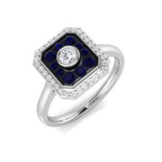 Sapphire & Natural Diamond Ring with Bezel Set Center and Pave Halo in 10K/14K gold and platinum with certified lab-grown or natural diamonds