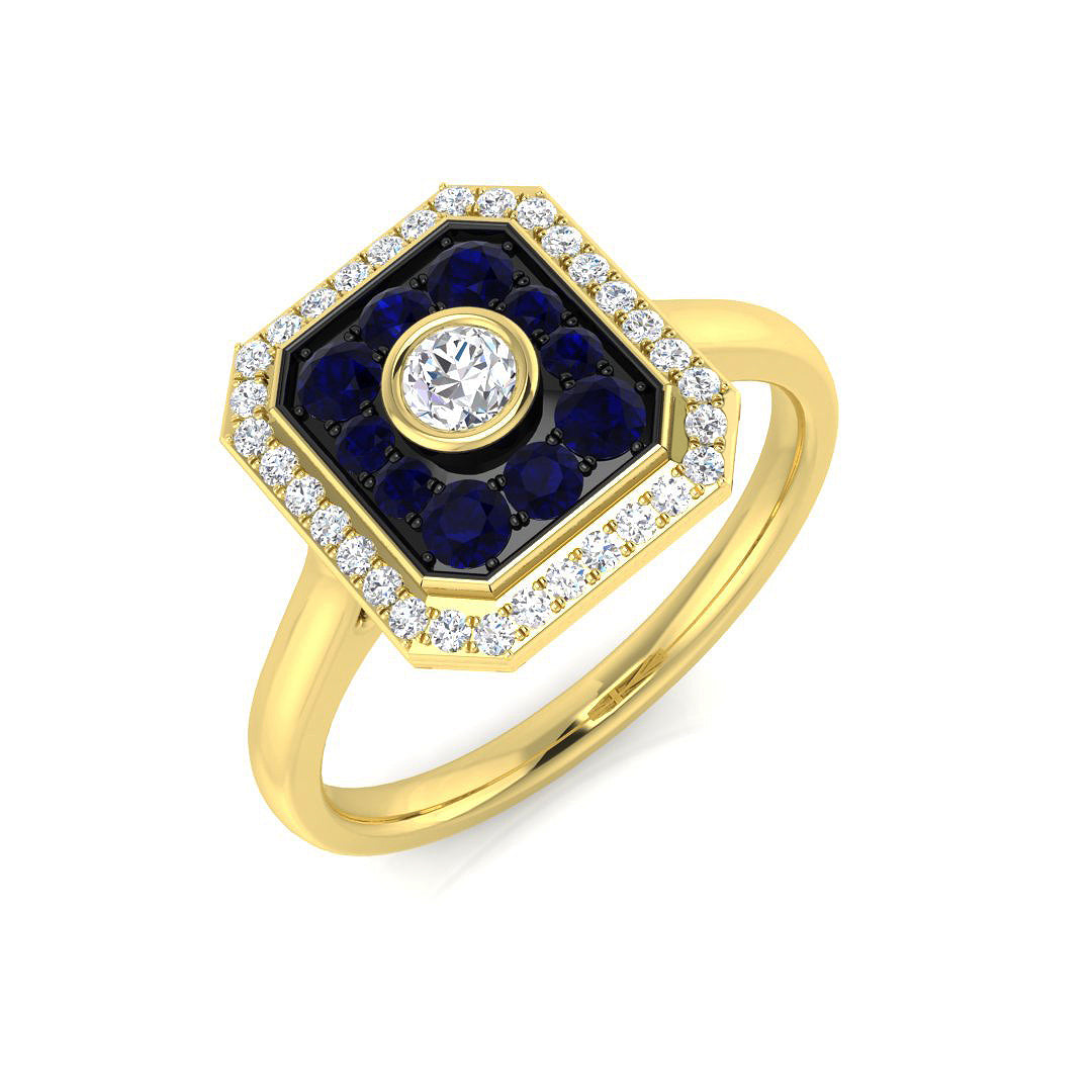 Sapphire & Natural Diamond Ring with Bezel Set Center and Pave Halo in 10K/14K gold and platinum with certified lab-grown or natural diamonds