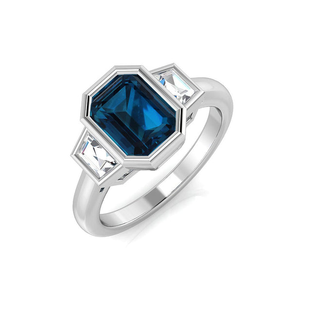 Emerald Cut London Blue Topaz Ring with Baguette Trilogy - UK Made | 10K & 14K Gold, Platinum