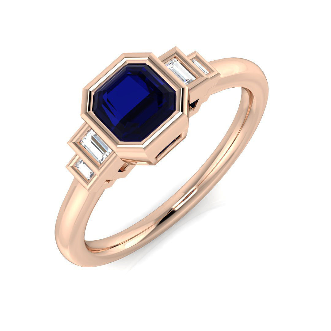 Blue Sapphire Five Stone Ring with Baguette Side Stones in 10K/14K gold and platinum with certified lab-grown or natural diamonds