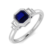 Blue Sapphire Five Stone Ring with Baguette Side Stones in 10K/14K gold and platinum with certified lab-grown or natural diamonds