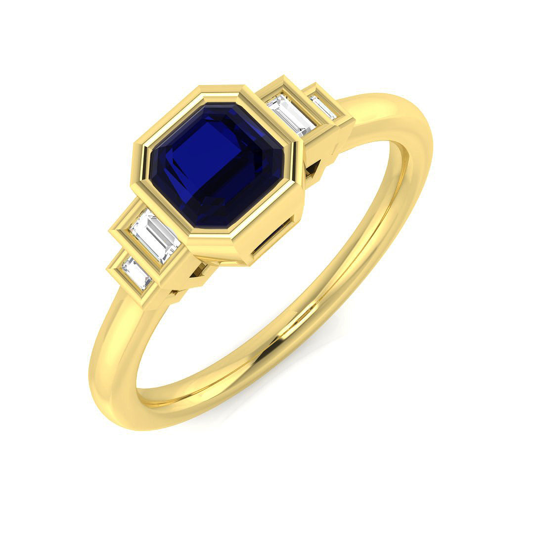 Blue Sapphire Five Stone Ring with Baguette Side Stones in 10K/14K gold and platinum with certified lab-grown or natural diamonds
