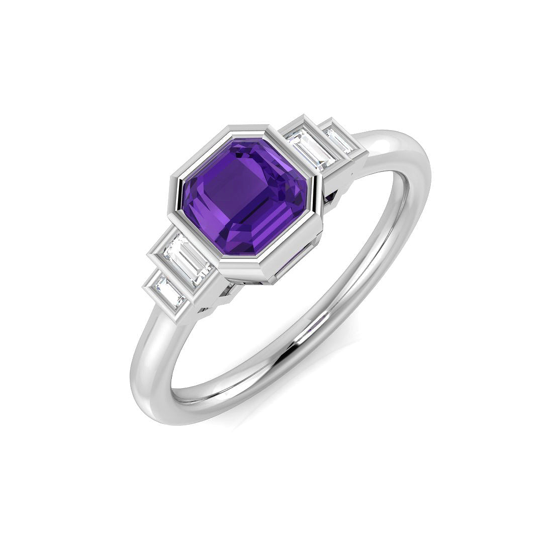 Cushion Cut Amethyst Ring Five Stone Ring with Natural Baguette in 10K/14K gold and platinum with certified lab-grown or natural diamonds