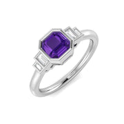 Cushion Cut Amethyst Ring Five Stone Ring with Natural Baguette in 10K/14K gold and platinum with certified lab-grown or natural diamonds