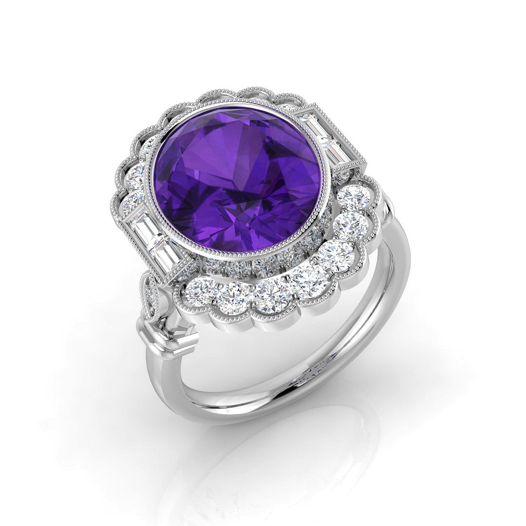 Diamond Pobtypool Amethyst Ring in 10K/14K gold and platinum with certified lab-grown or natural diamonds