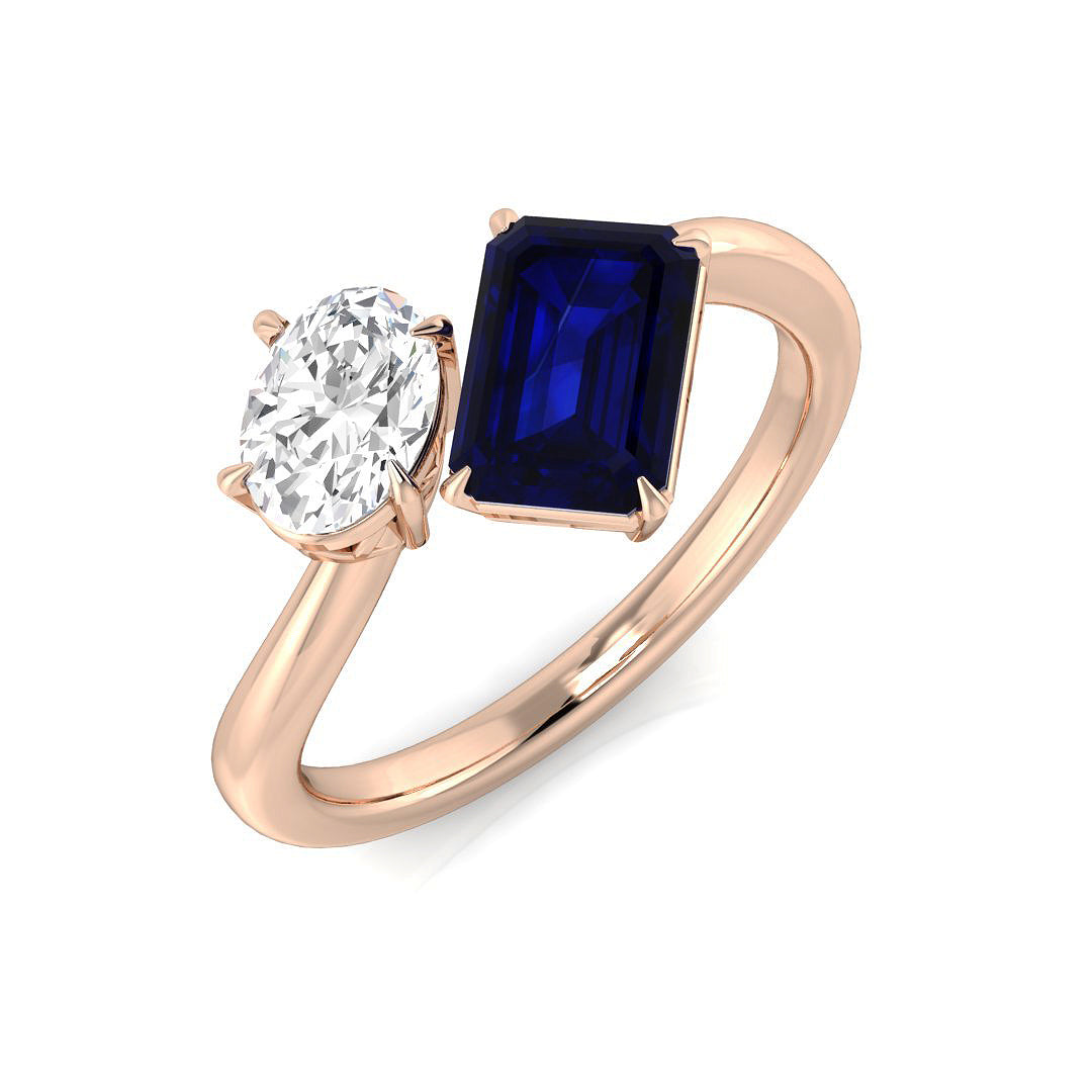 Blue Sapphire Toi Et Moi Two Stone Ring with Oval Diamond in 10K/14K gold and platinum with certified lab-grown or natural diamonds