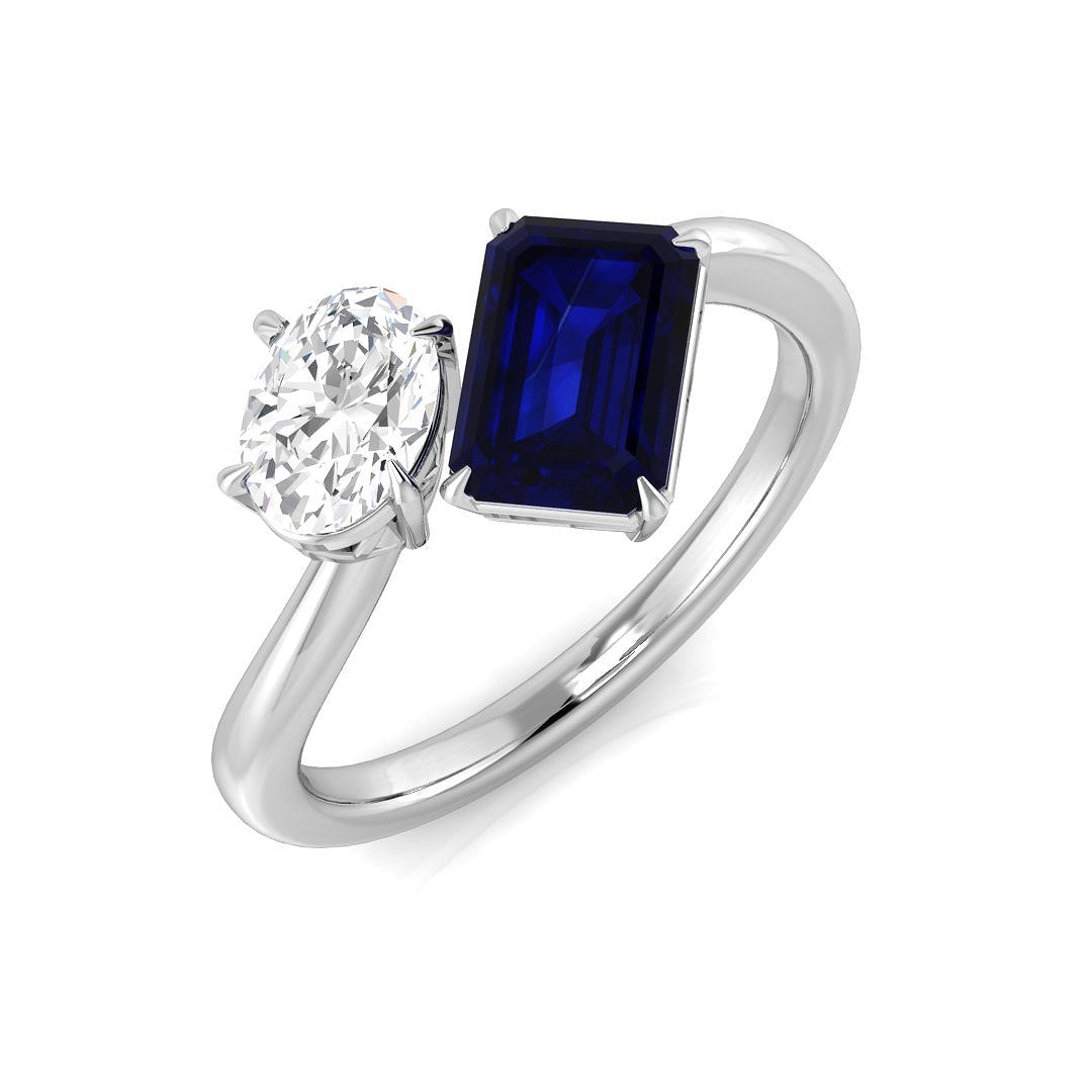 Blue Sapphire Toi Et Moi Two Stone Ring with Oval Diamond in 10K/14K gold and platinum with certified lab-grown or natural diamonds