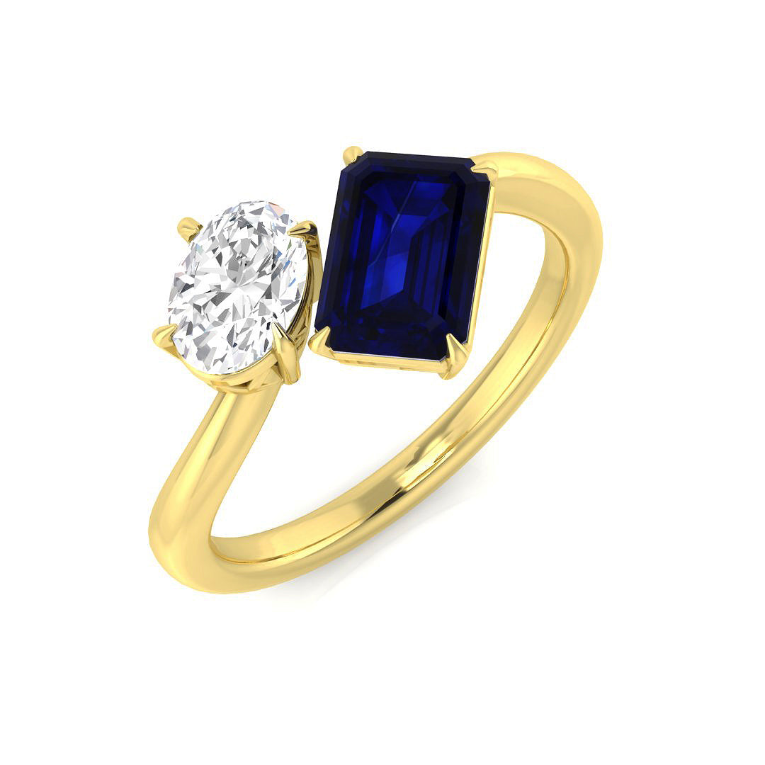 Blue Sapphire Toi Et Moi Two Stone Ring with Oval Diamond in 10K/14K gold and platinum with certified lab-grown or natural diamonds