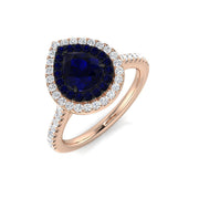 Pear Sapphire Halo Ring with Natural Diamond Pave Band in 10K/14K gold and platinum with certified lab-grown or natural diamonds