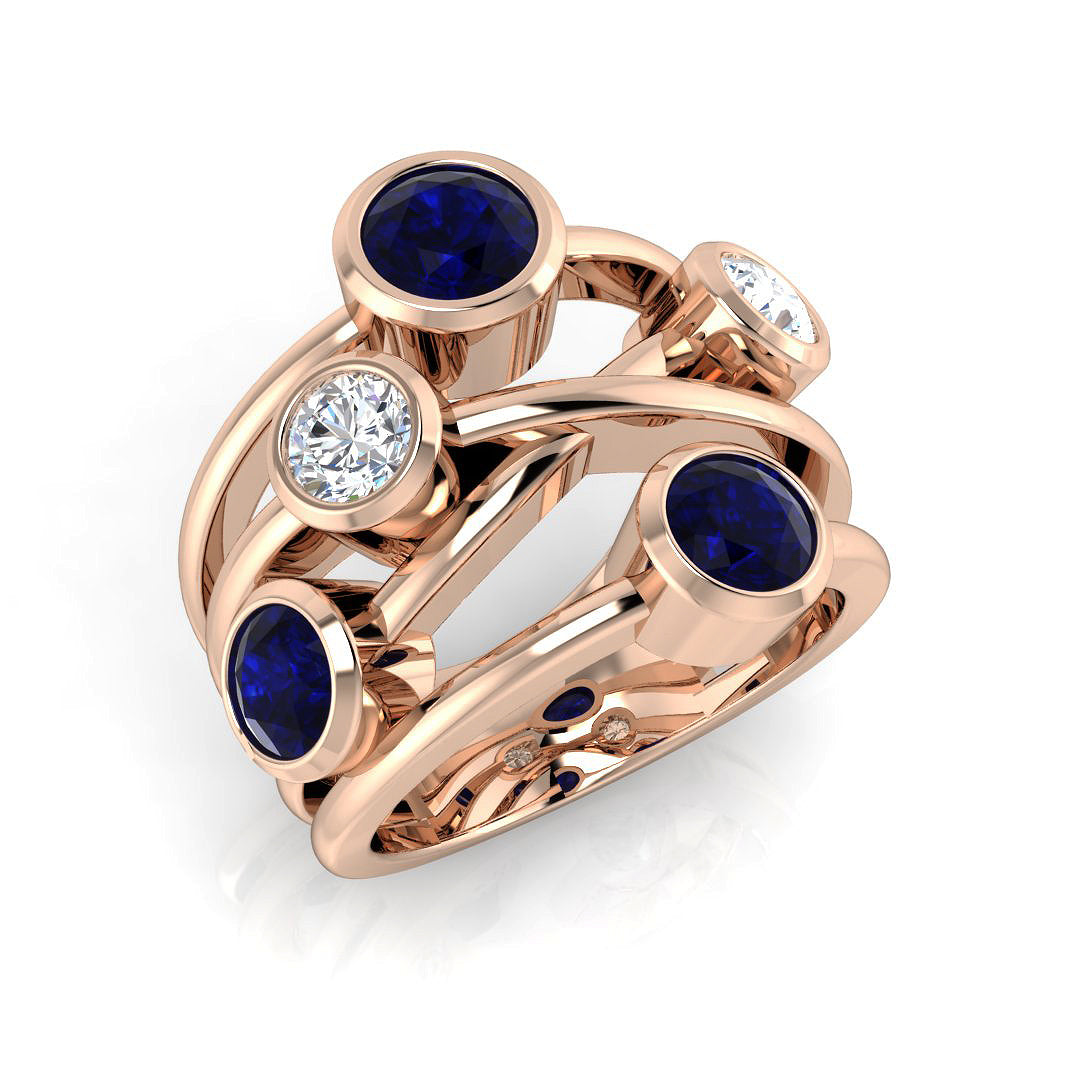 Blue Sapphire Bubble Ring with Natural Round Diamond Accents in 10K/14K gold and platinum with certified lab-grown or natural diamonds